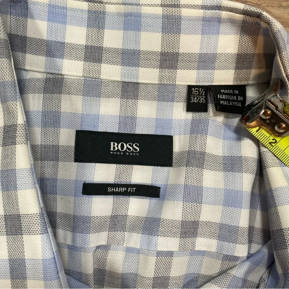 Hugo Boss Men's Dress Shirt Checkered Long Sleeve 16 1/2 34/35 Sharp Fit Blue - Picture 11 of 16